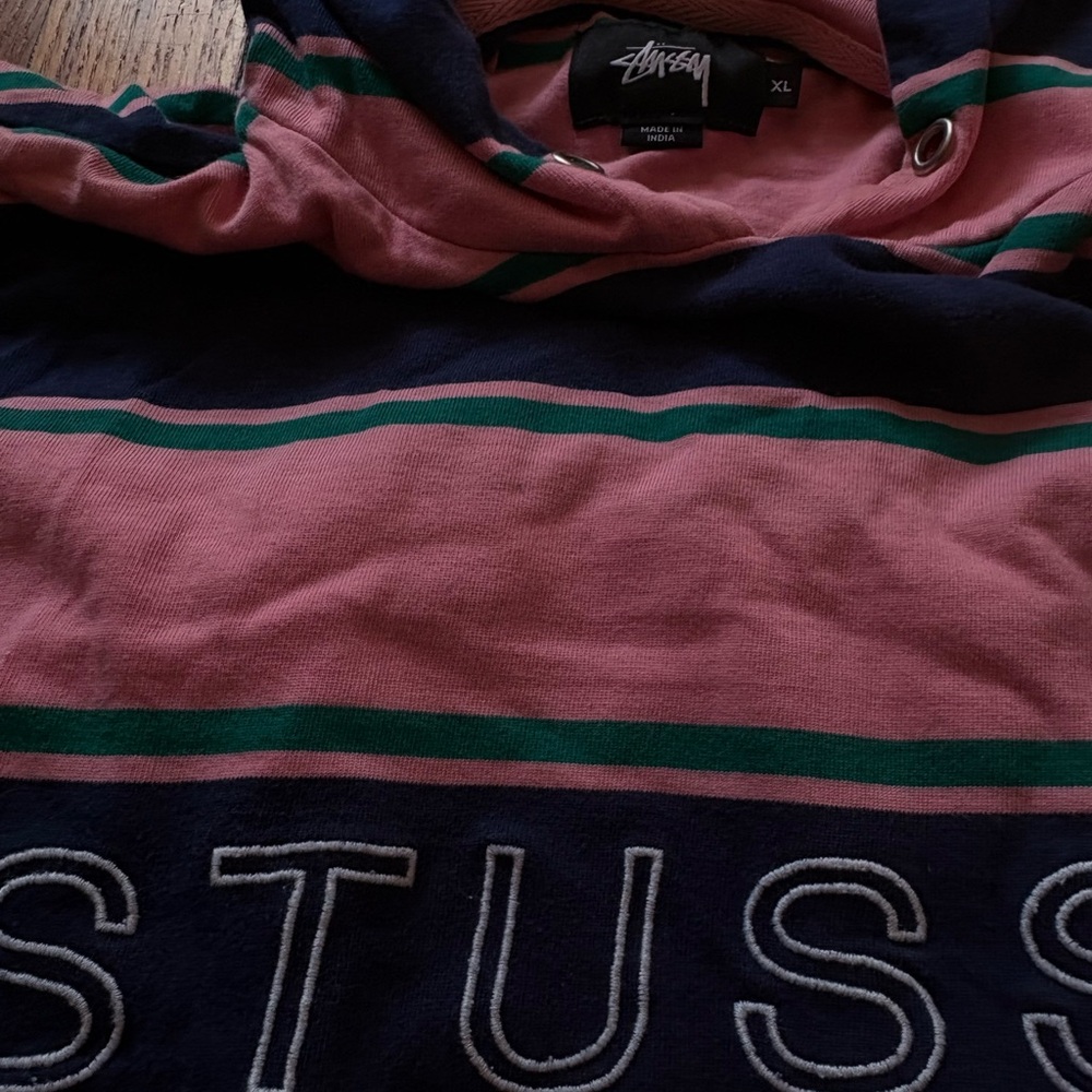 Stussy Pink and Navy Hoodie with Green Accents